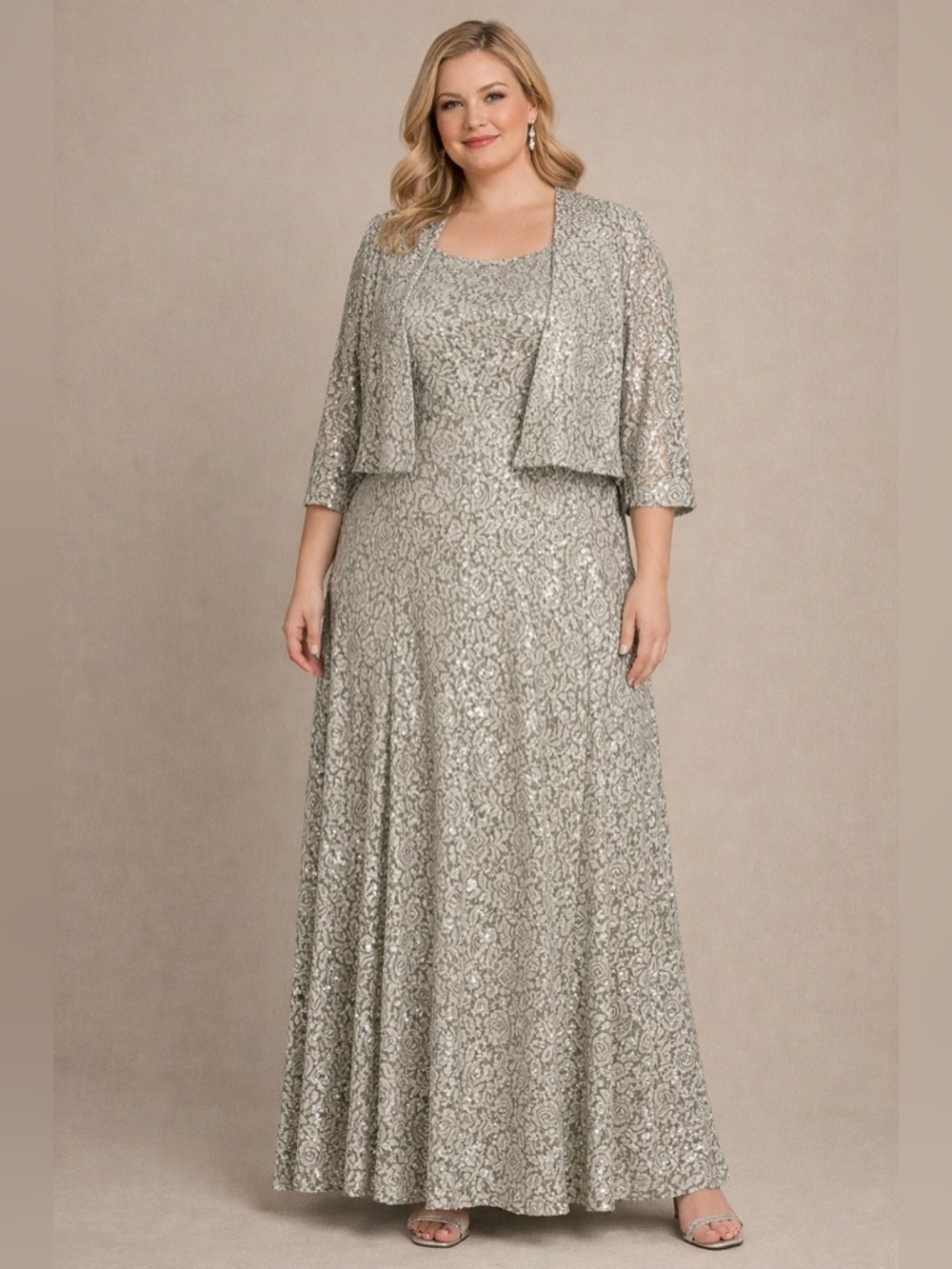 Alex Evenings Silver Sequin Lace 3/4 Sleeve Gown